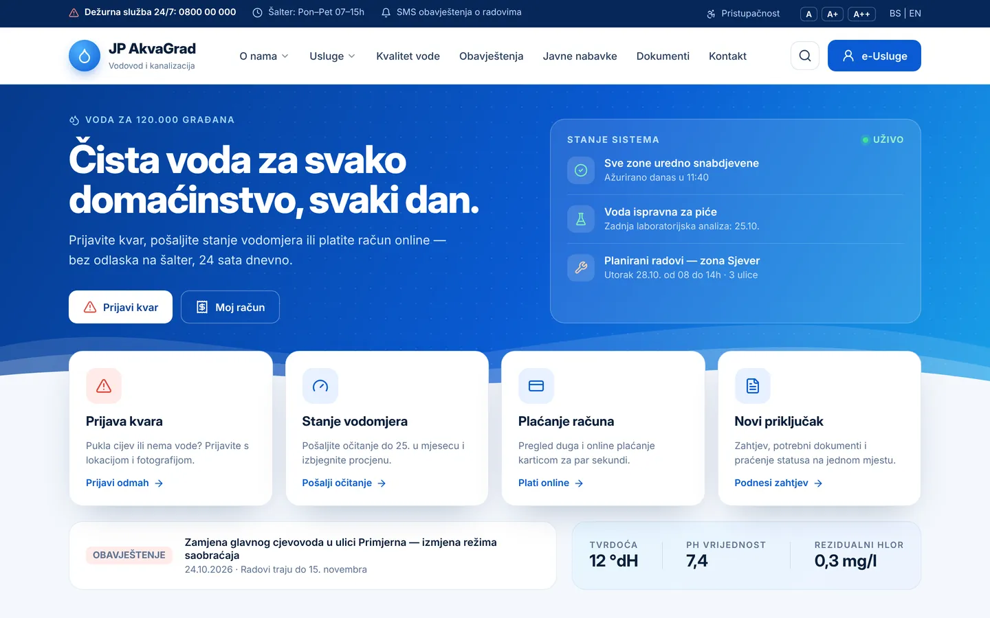 Koncept početne stranice za javno preduzeće — vodovod